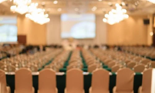 Conference hall with corporate setup for events at Grand Mantram Resort, a luxury corporate events venue in Gurgaon