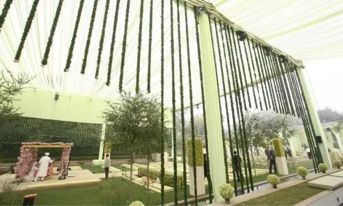 Grand lounge with mandap side view during a day wedding at Grand Mantram Resort, Gurgaon