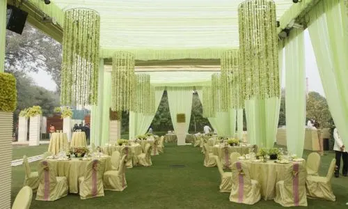 Day wedding lounge decor with mogra flower hangings at Grand Mantram Resort, Gurgaon
