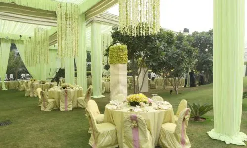 Elegant table decor for day wedding at Grand Mantram Resort, a luxury wedding resort in Gurgaon