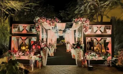 Elegant Sangeet and Cocktail Night entry gate décor at Grand Mantram Resort in Gurgaon for luxury wedding celebrations