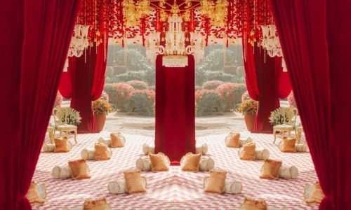 Lounge floor seating arrangement during the wedding ceremony at Grand Mantram Resort, a luxury wedding resort in Gurgaon