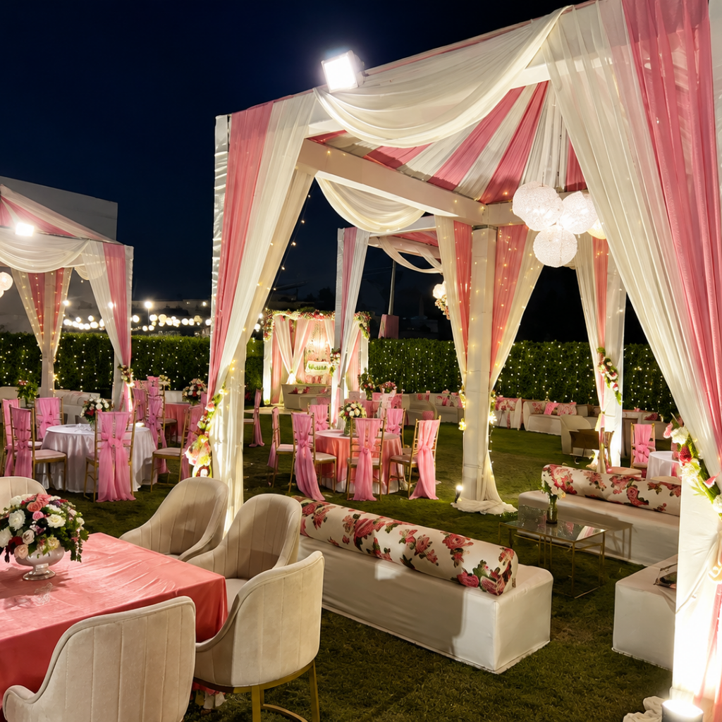 Elegant outdoor wedding lawns near me decoration at Grand Mantram Resort Gurgaon