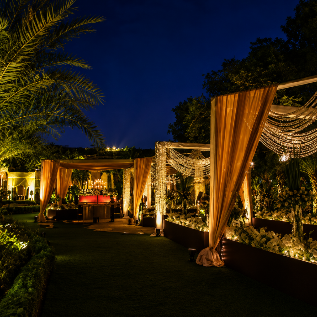 Best party plot near me in Gurgaon at Grand Mantram Resort with luxury lawn and banquet setup.