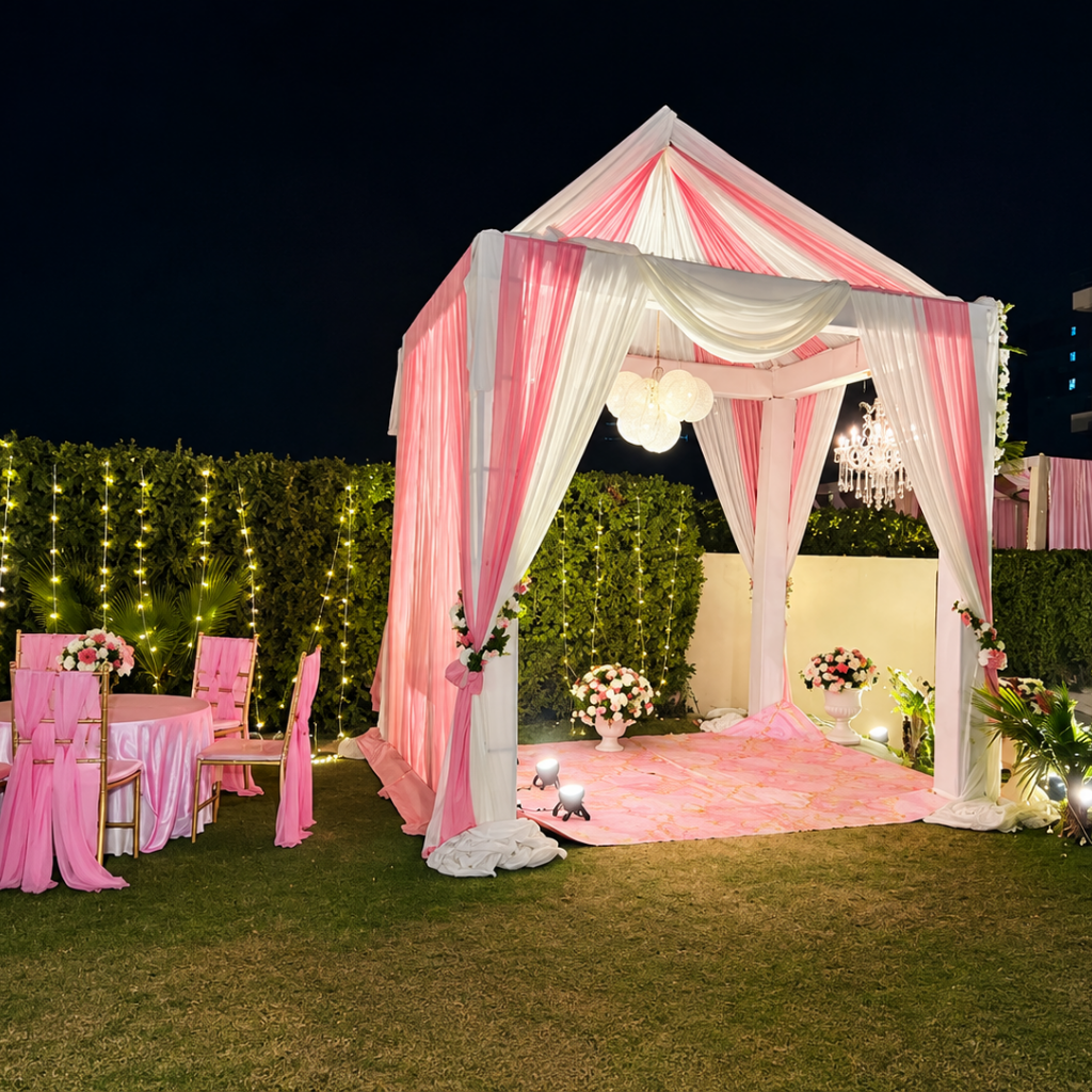 Luxury wedding garden near me in Gurgaon with floral decoration and elegant outdoor wedding celebration at Grand Mantram Resort