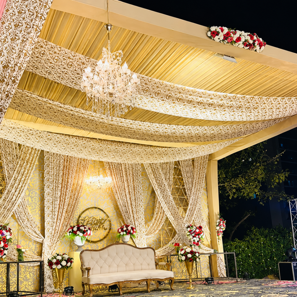 Outdoor marriage garden near me in Gurgaon with luxury decor and spacious lawn at Grand Mantram Resort
