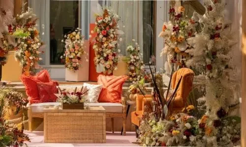 In-house wedding studio at Grand Mantram Resort in Gurgaon showcasing rustic lounge décor for wedding planning and celebrations