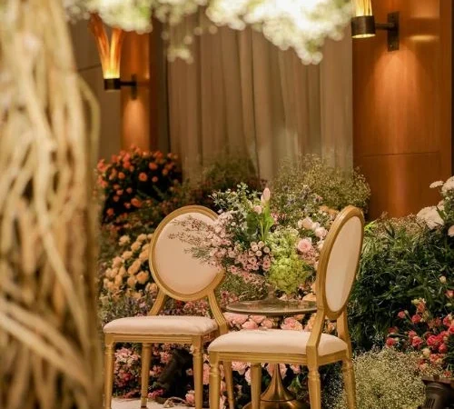 Royal wedding decoration setup with ceremonial chairs at a luxury wedding resort in Gurgaon – Grand Mantram Resort